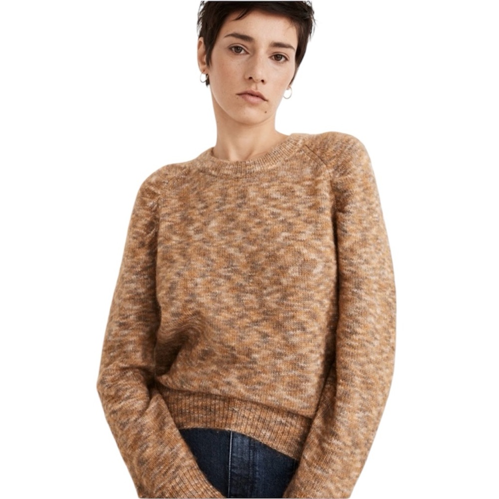 Madewell Crew Neck Space Dye Pleated Sleeve Wool Blend Sweater Cream/Tan Size XL